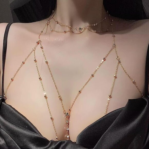 14K Gold Plated Body Chain for Women Layered Rhinestone Bikini Bra Waist Jewelry - Picture 2 of 6